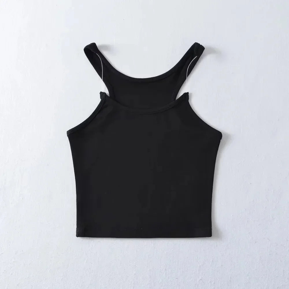 White sleeveless tank top with invisible straps, slim-fit silhouette in soft breathable fabric