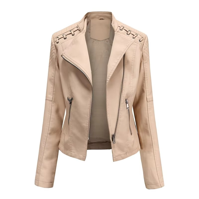 Women's black PU leather motorcycle jacket slim fit short zip-up with bold biker-style hardware