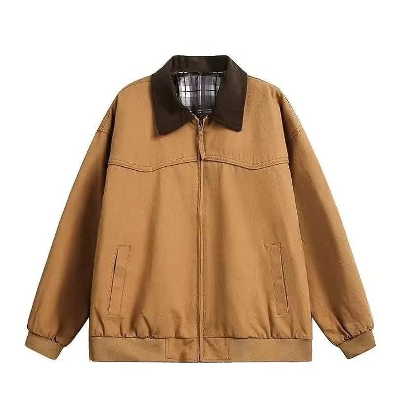 Men's beige cotton workwear jacket relaxed fit with snap-button closure durable all-day wear