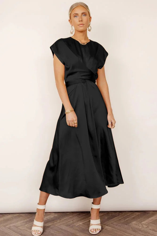 Women's satin midi dress in elegant A-line wrap V-neck design with luxurious draping finish