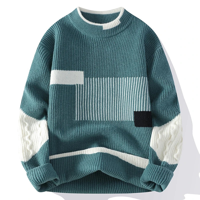 Multicolor patchwork knitted pullover crew neck classic fit with bold contrasting color blocks