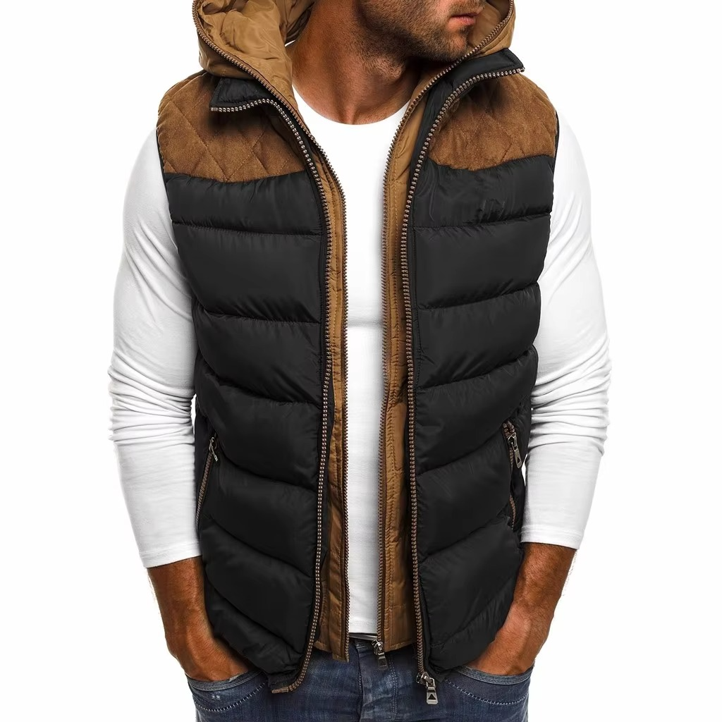 Men's black hooded sleeveless puffer vest lightweight quilted insulation cold-weather layering piece