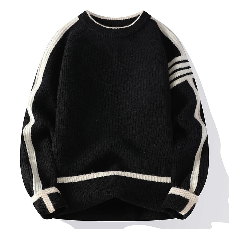 Unisex loose-fit striped knit pullover with contrasting trim and vertical ribbed texture