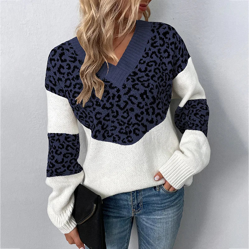 Elegant leopard print V-neck sweater with flattering neckline and feminine sophisticated design