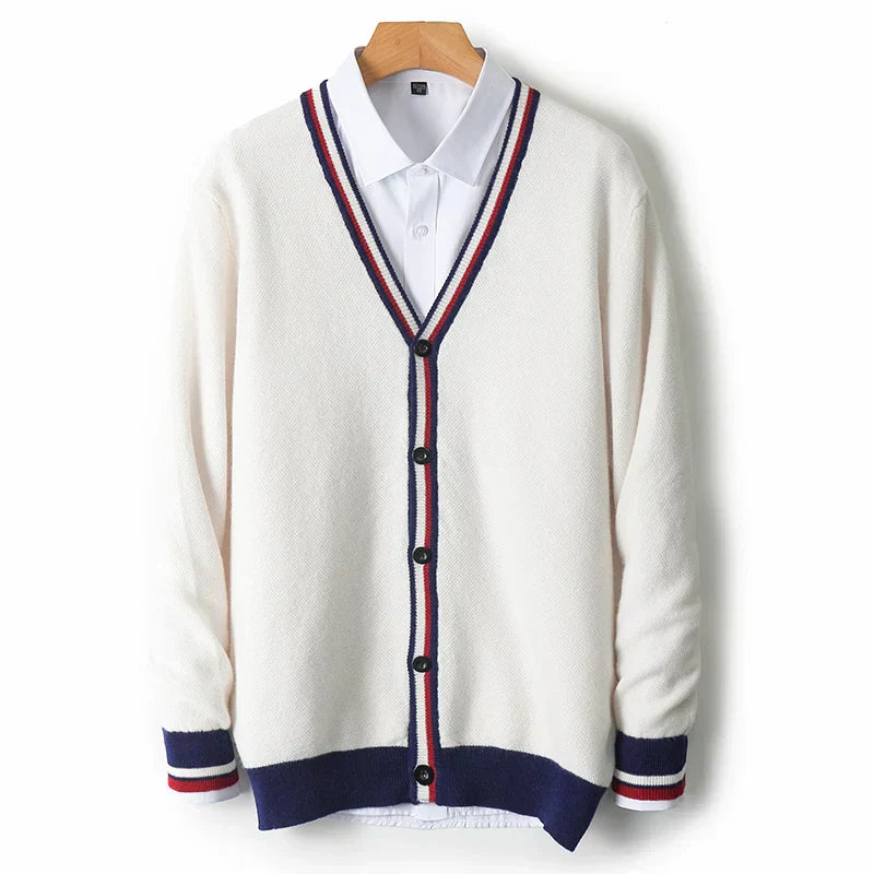 Men's wool blend relaxed fit V-neck cardigan with ribbed edges and button closure casual knit