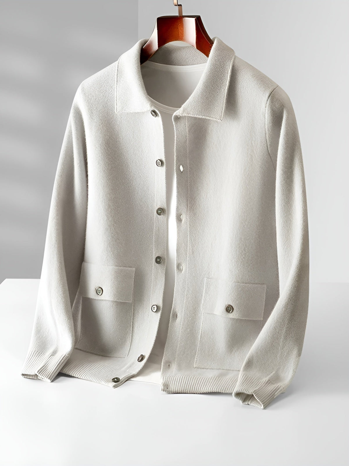 Giorgio Romano merino wool jacket natural tone relaxed fit modern polo collar sharp clean finish