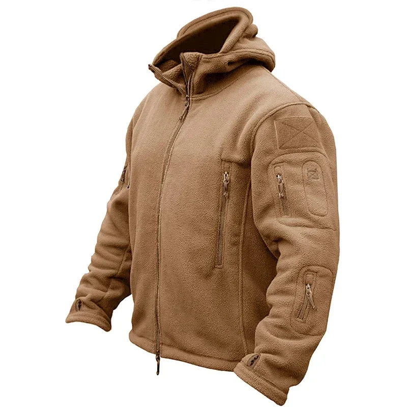 Men's dark tactical fleece jacket water-resistant rugged fit with zippered pockets for outdoor wear