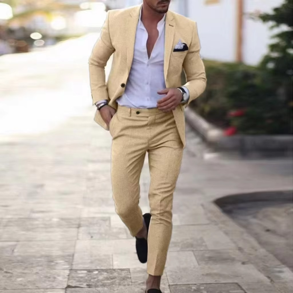 Men's light beige linen two-piece blazer and pants suit set, slim-fit, breathable for summer weddings