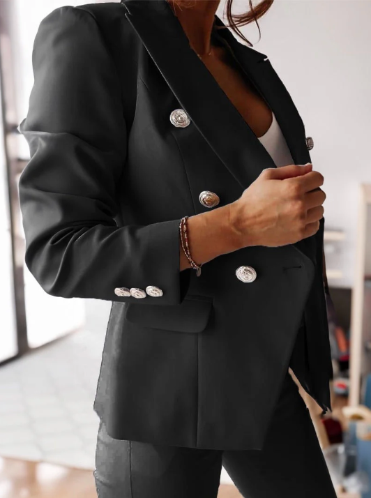 Navy blue double-breasted blazer and slim high-waist pants suit set with gold buttons for women