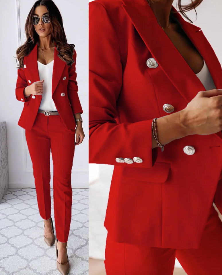 Navy double-breasted blazer set with slim high-waist pants, gold buttons, structured women's suit