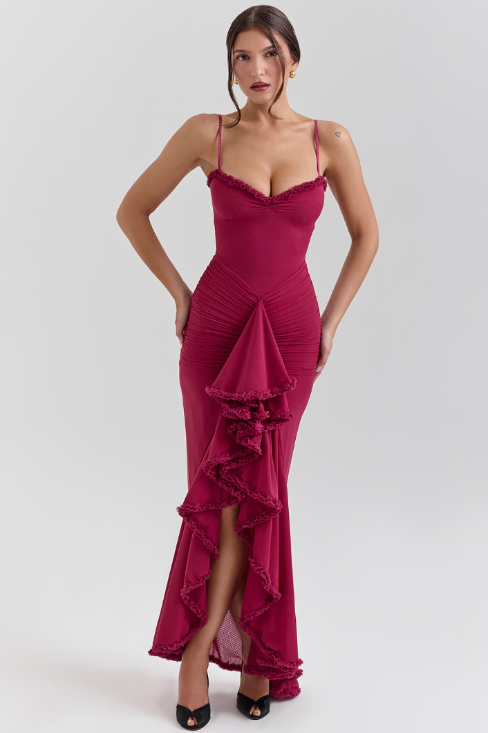 Blush pink women's lace ruched wedding guest dress with cascading ruffles and figure-enhancing silhouette