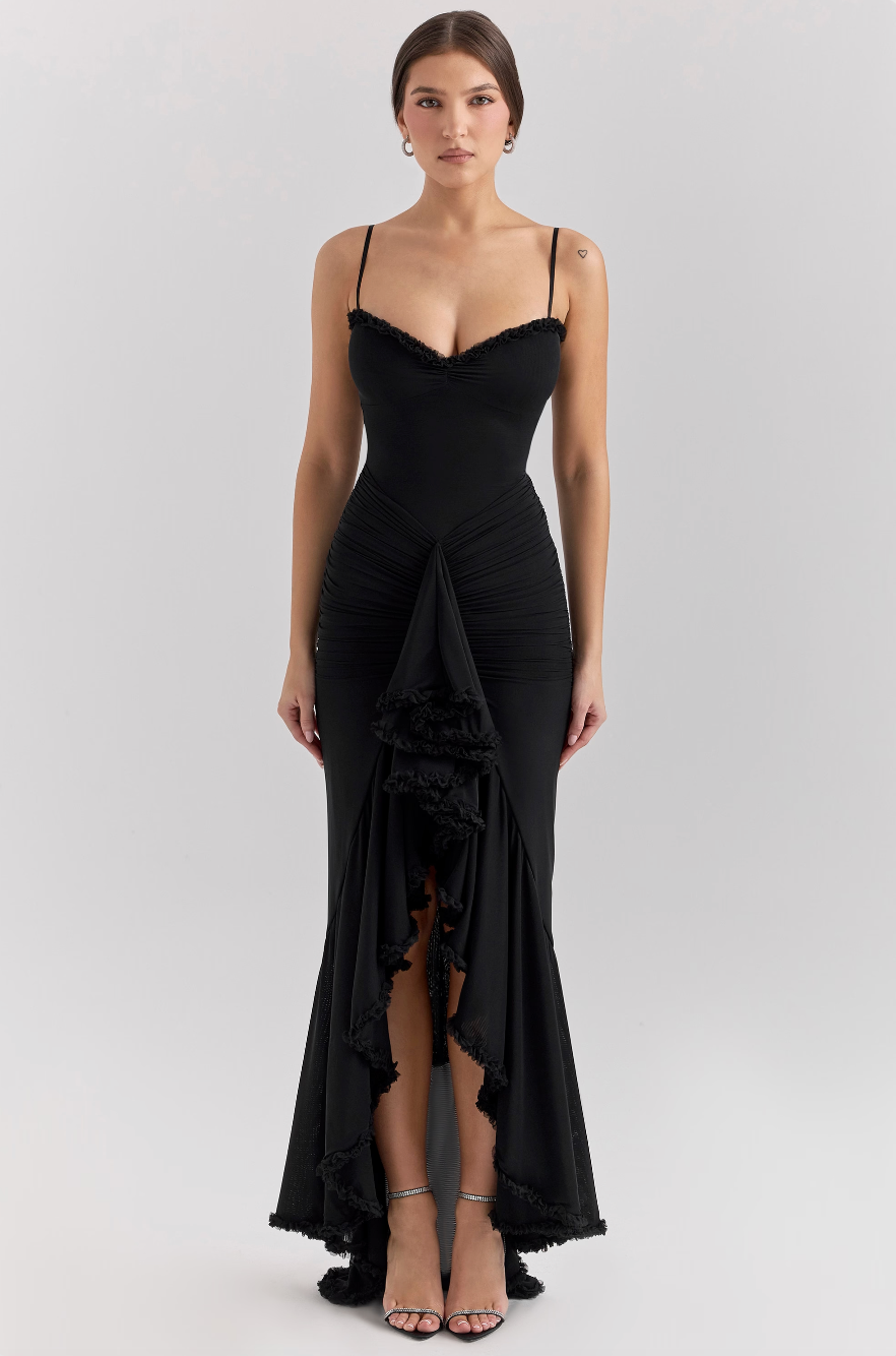 Ivory lace ruched midi dress with cascading ruffles and figure-enhancing waist detailing