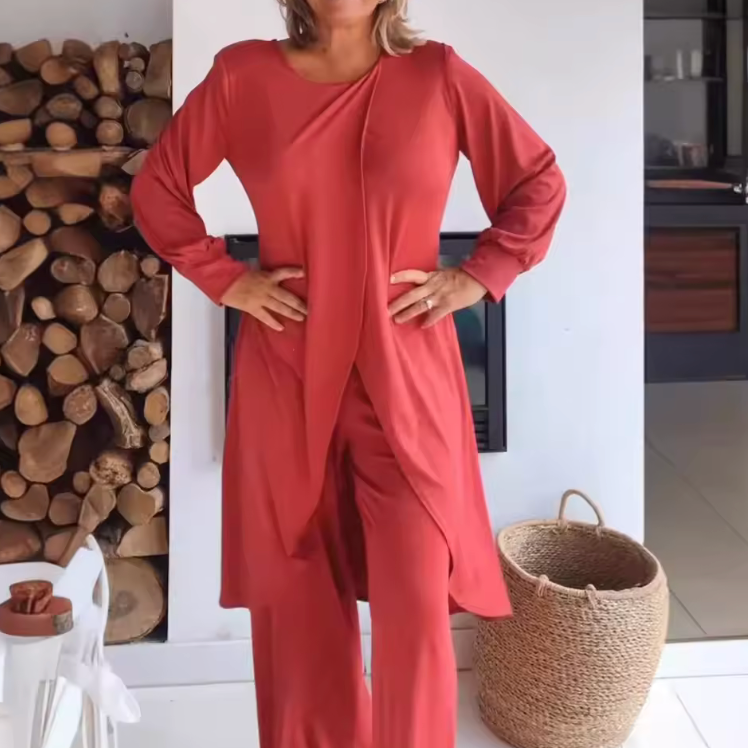 Women's khaki two-piece set oversized long-sleeve tunic high-low hem matching wide-leg pants