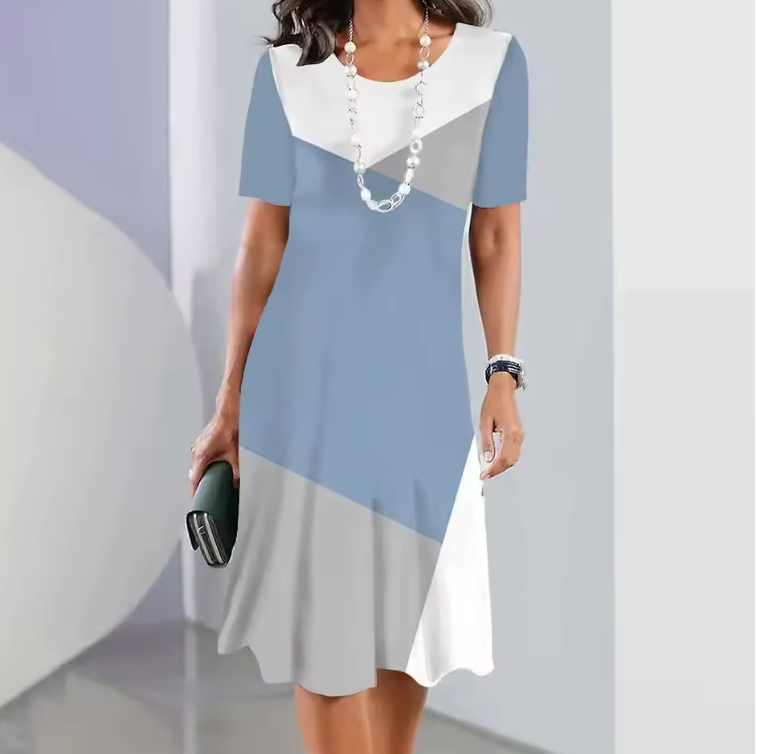 Vivid women's print midi dress short sleeve A-line casual colorblock stripe floral multicolor