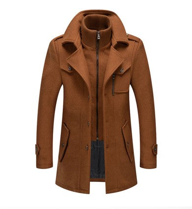 Men's wool blend trench coat double breasted high collar winter dark neutral tone