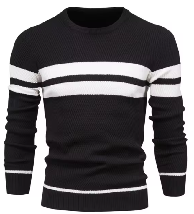 Men's herringbone sweater in classic neutral tones, slim-fit knit with refined textured pattern