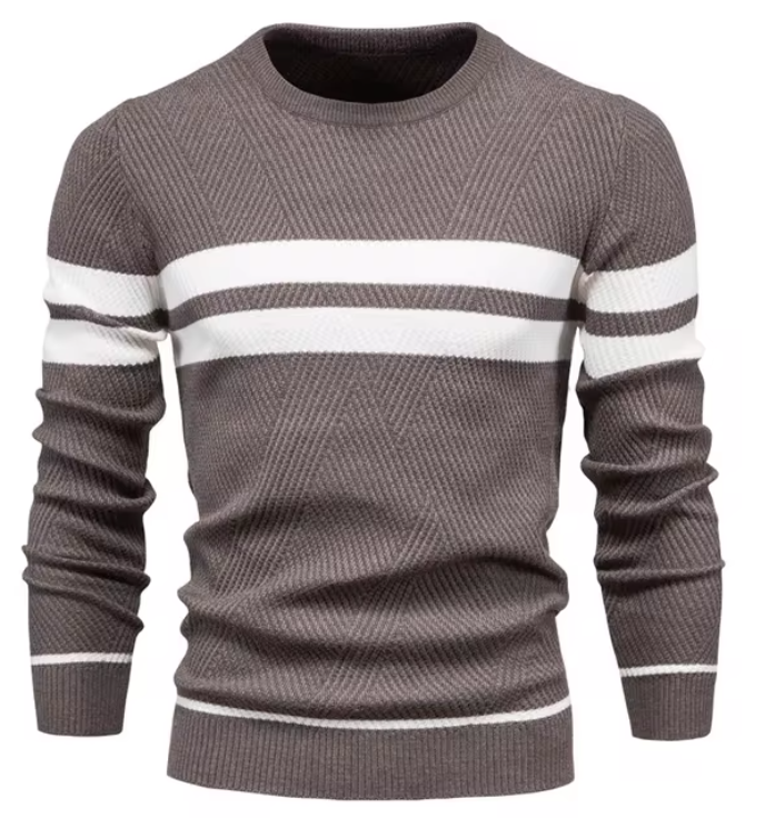 Men's herringbone sweater in neutral tones, slim-fit style with classic woven pattern texture