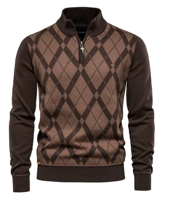 Men's half-zip sweater in classic neutral tone with refined fit and soft-touch fabric