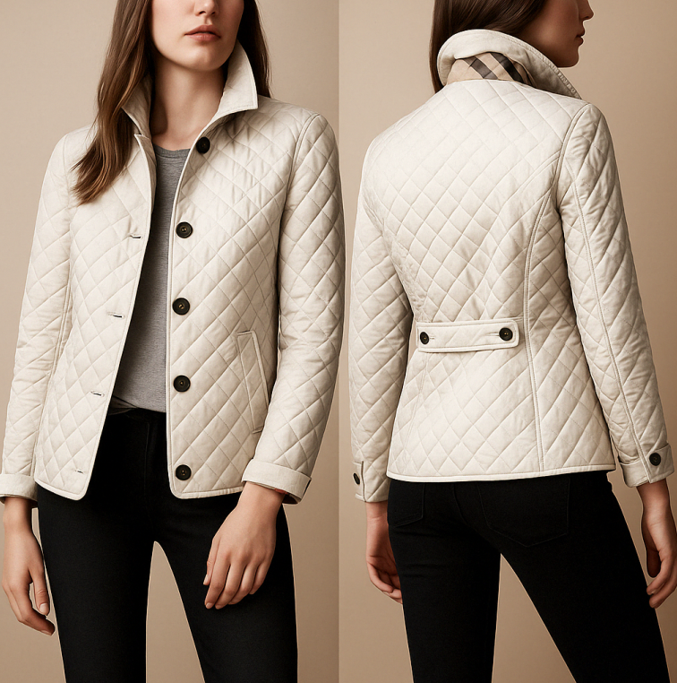 Laura quilted jacket in classic diamond pattern with stand-up collar and contrast cuff lining