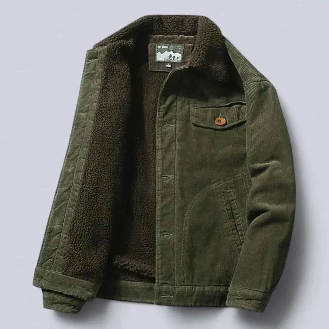 Unisex brown corduroy jacket sherpa fleece lining button-up front flap chest pocket cold weather
