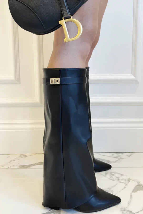 Women's knee-high suede block heel boots with pointed toe in elegant fall winter style