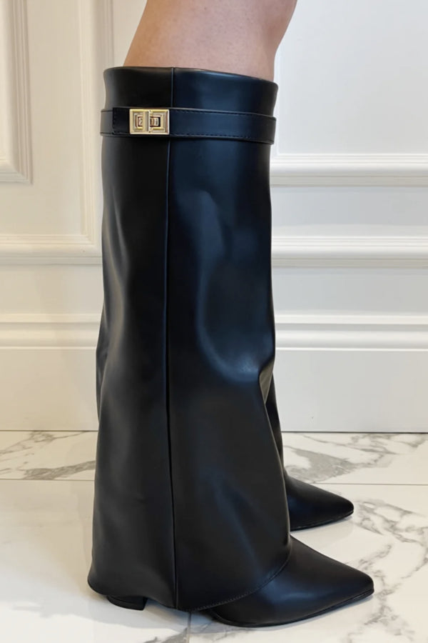Vittoria brown suede knee-high heeled boots with pointed toe and buckle detail