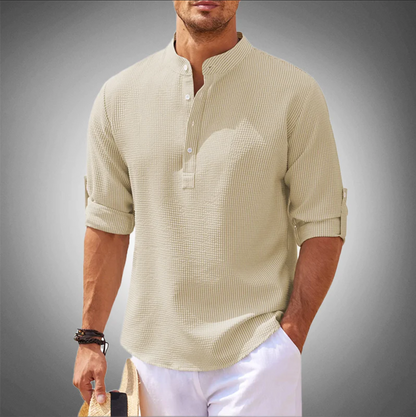 Men's relaxed fit mandarin collar shirt half-button closure long sleeve casual everyday wear