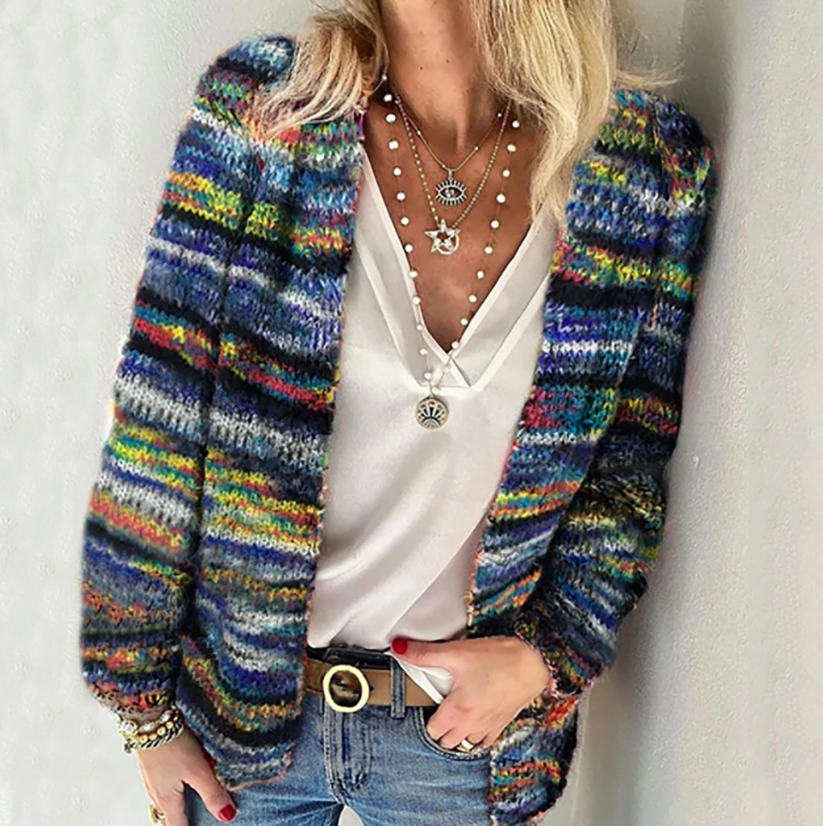 Multicolor relaxed-fit cardigan with cozy soft knit texture, perfect for effortless fall layering