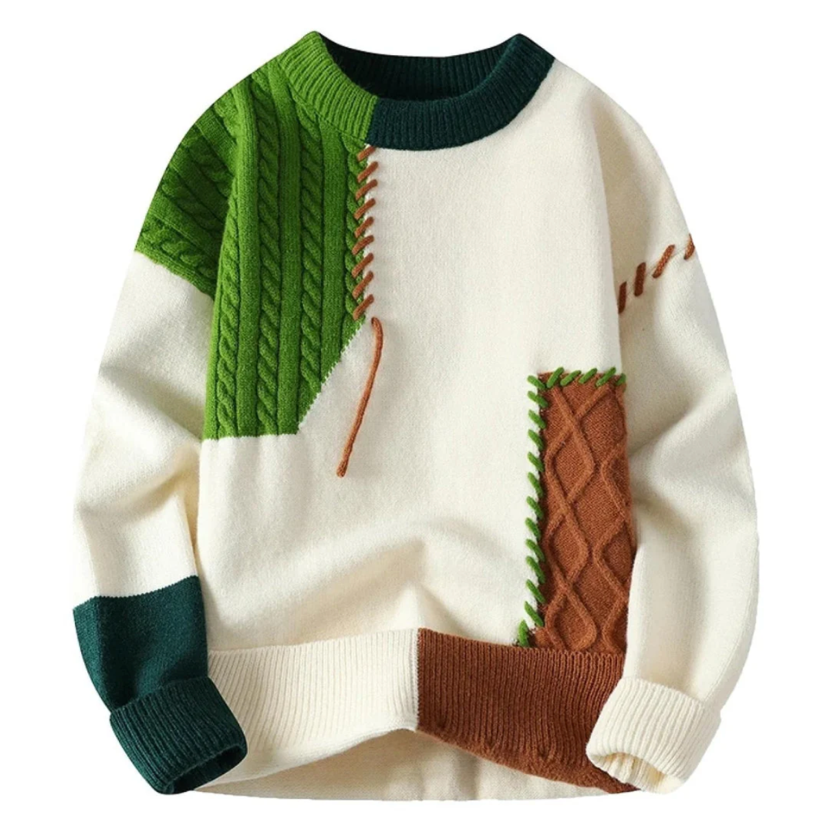 Zylo patchwork sweater warm plush texture refined silhouette cozy winter knit multicolor panels