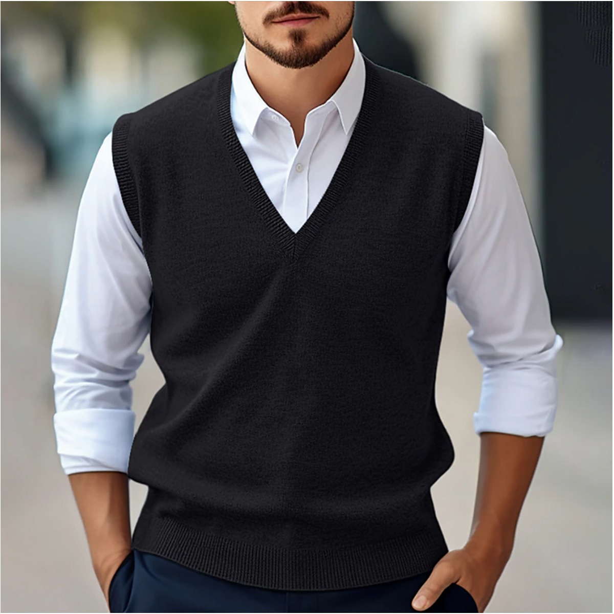 Men's navy fine knit cotton vest sweater classic fit V-neck ribbed edges versatile layering essential