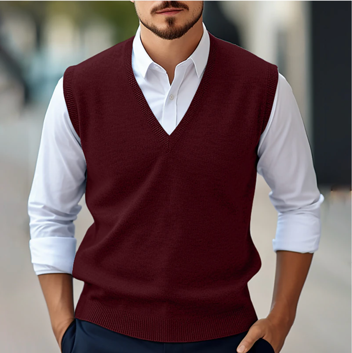 Men's navy fine knit cotton vest sweater classic fit V-neck ribbed edges layering essential