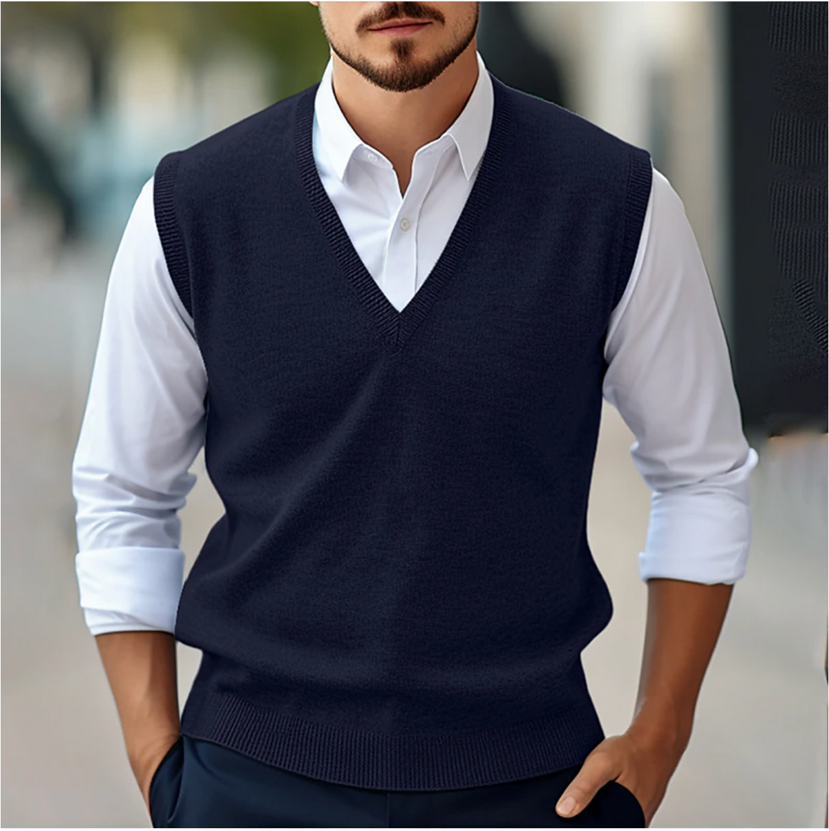 Men's fine knit cotton vest sweater classic fit V-neck ribbed edges versatile layering essential