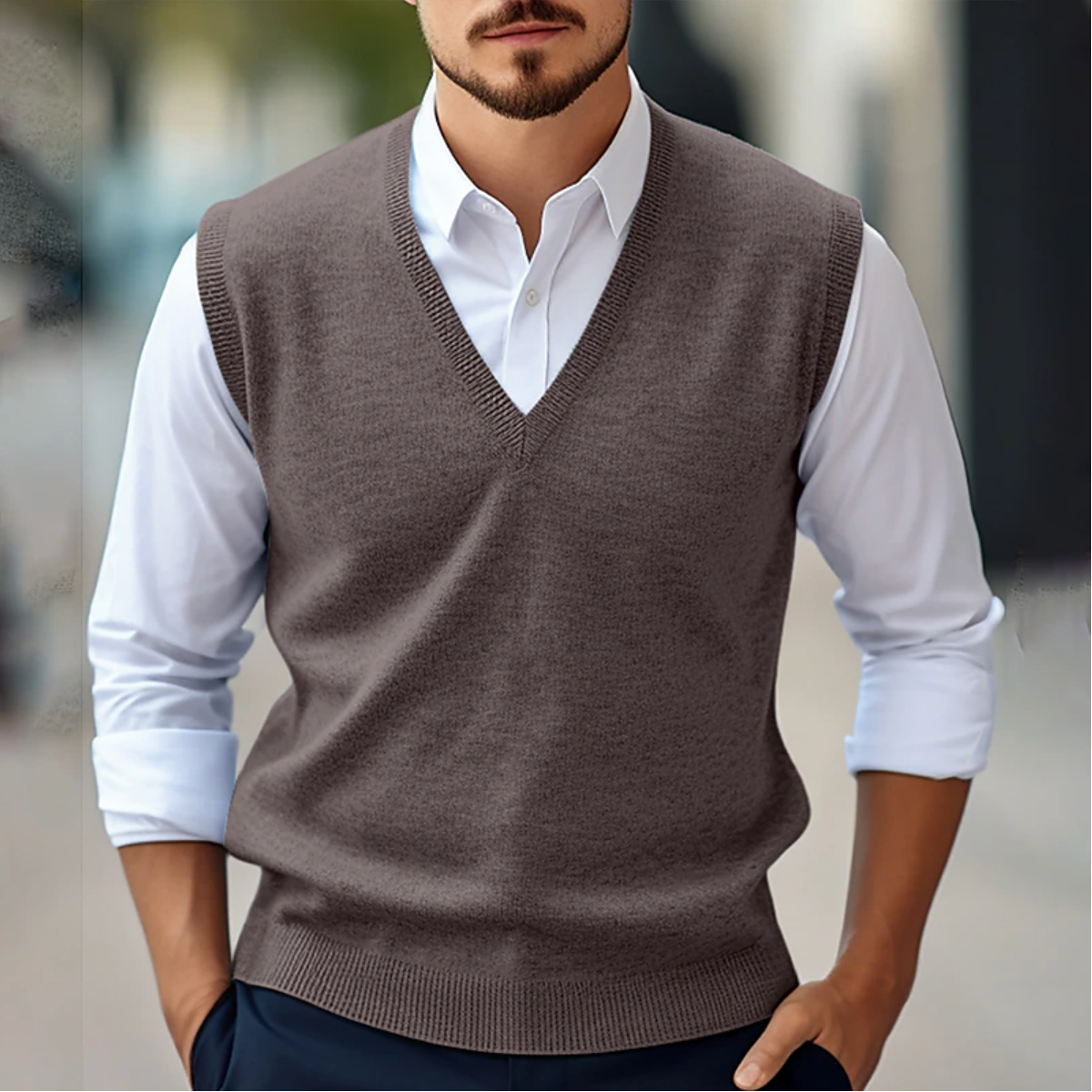 Men's navy fine knit cotton vest sweater classic fit V-neck ribbed edges versatile layering essential