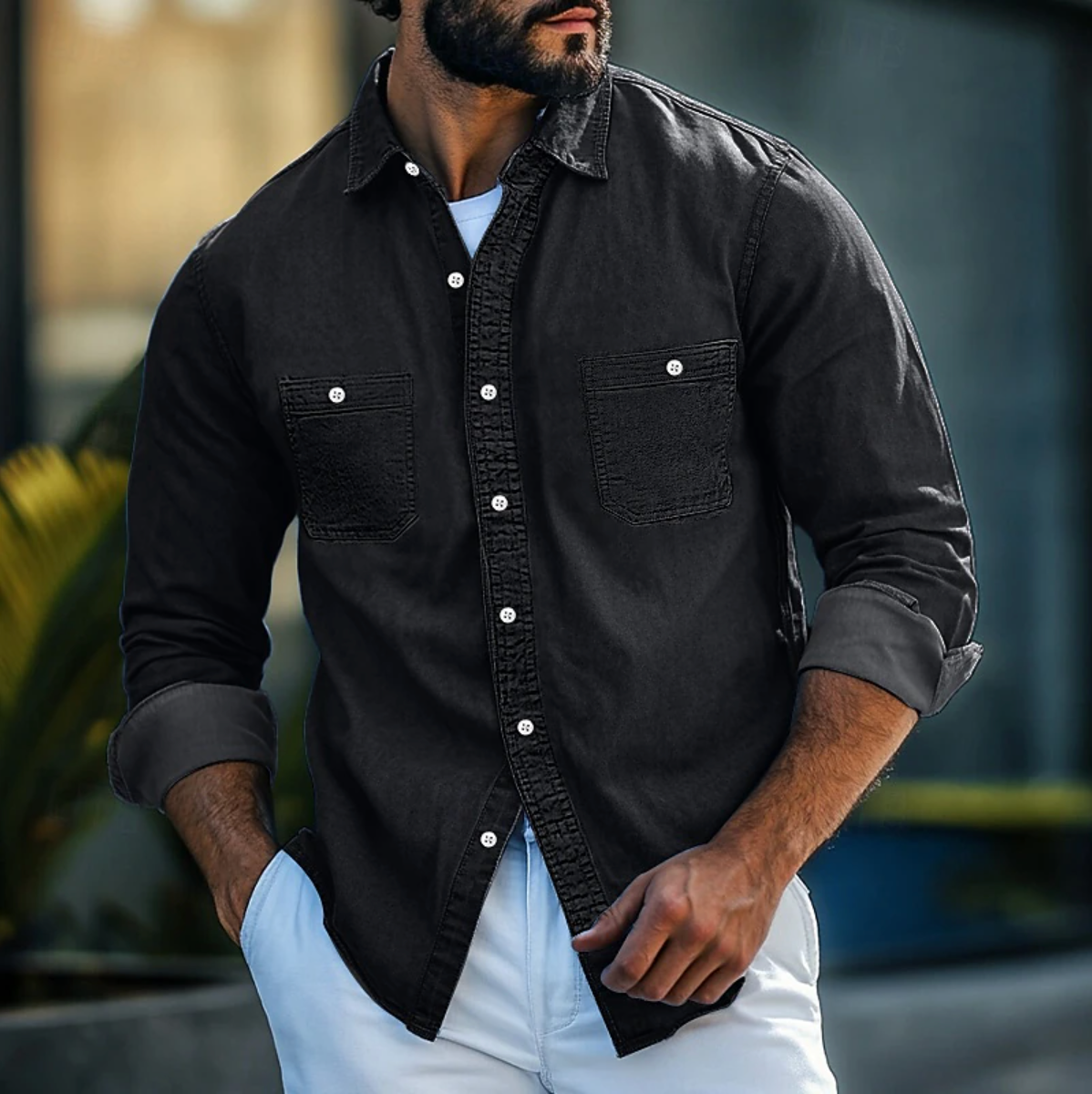 Wavlynn navy denim shirt men regular fit long sleeve button-down with dual chest pockets
