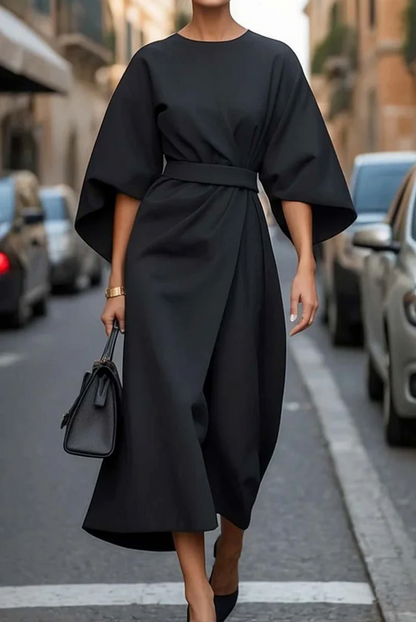 Wendy elegant midi dress with lantern sleeves and waist bow, feminine silhouette