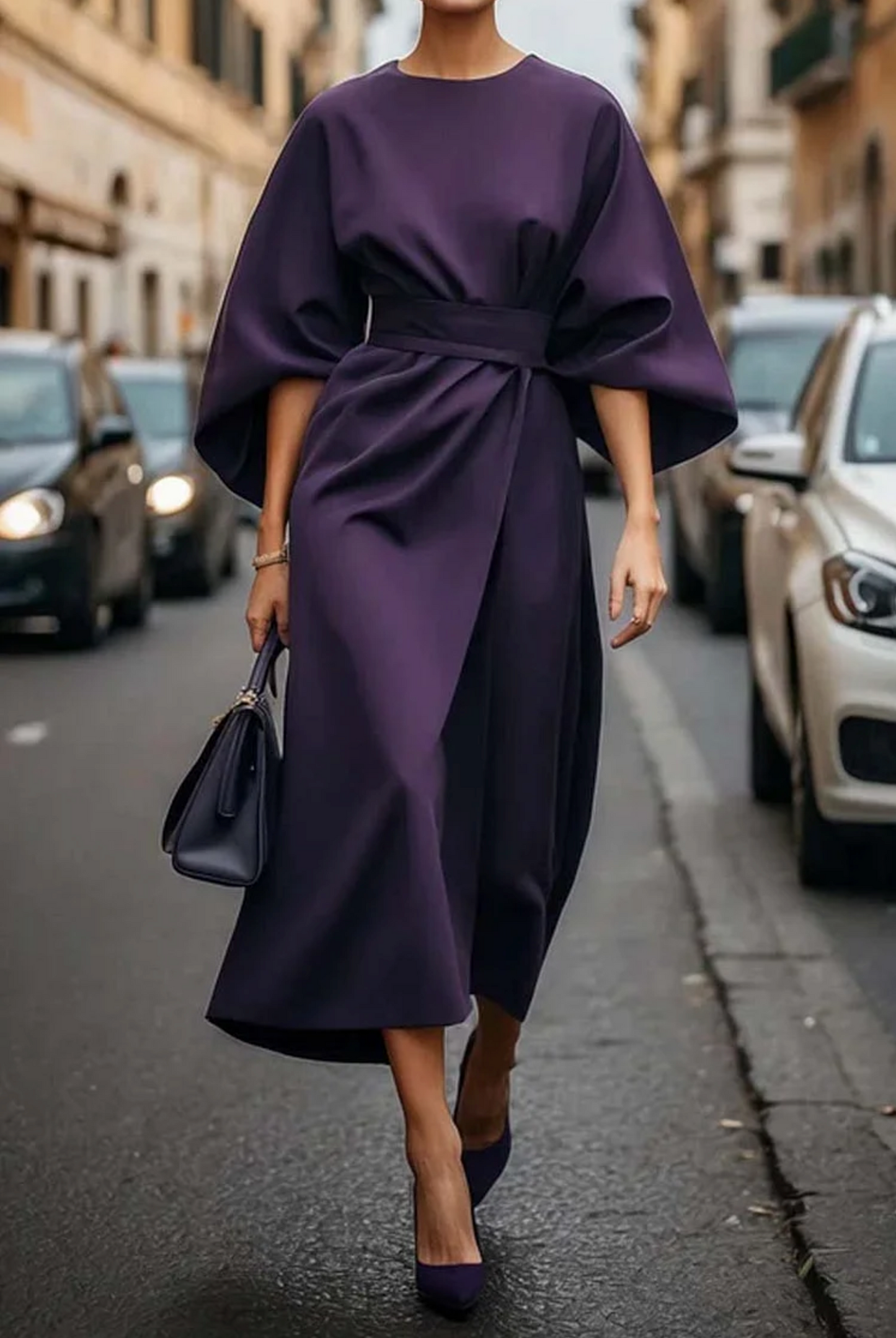 Wendy elegant midi dress with lantern sleeves and adjustable waist bow in classic feminine style