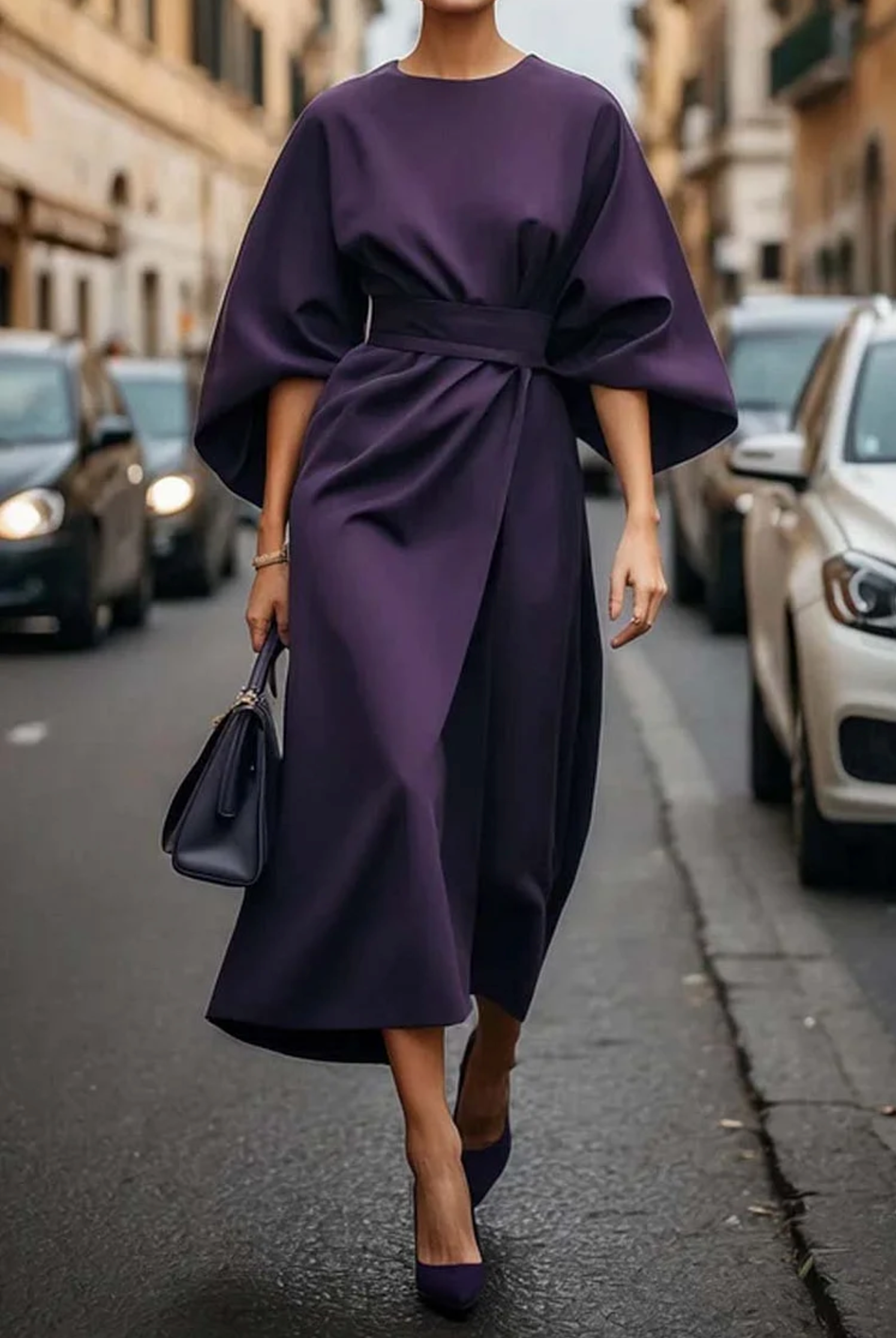 Wendy elegant midi dress with lantern sleeves and adjustable waist bow in classic feminine style