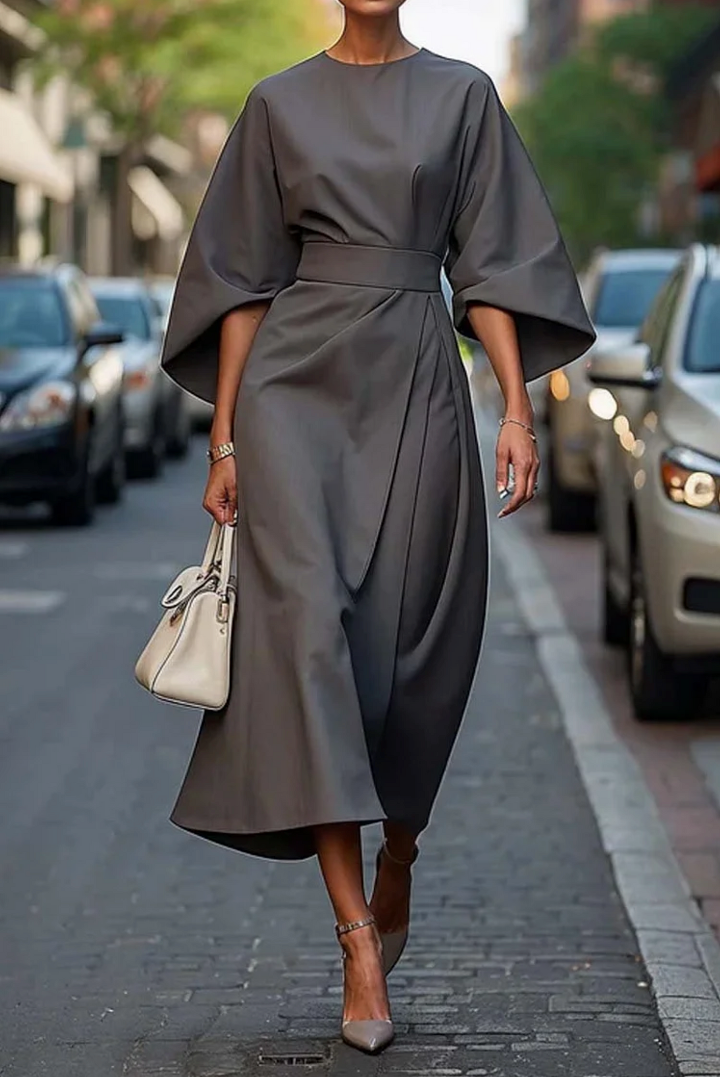 Wendy elegant midi dress with lantern sleeves and adjustable waist bow in classic feminine style