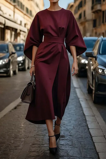 Wendy elegant midi dress with lantern sleeves, adjustable waist bow, feminine silhouette