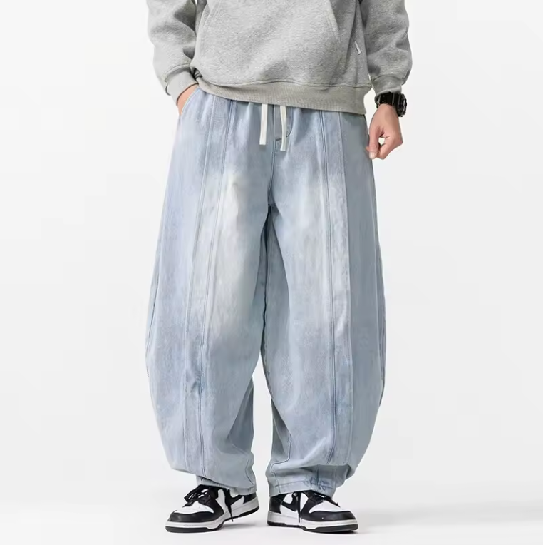 Renzo wide leg denim pants relaxed fit solid wash harem-inspired cut for men
