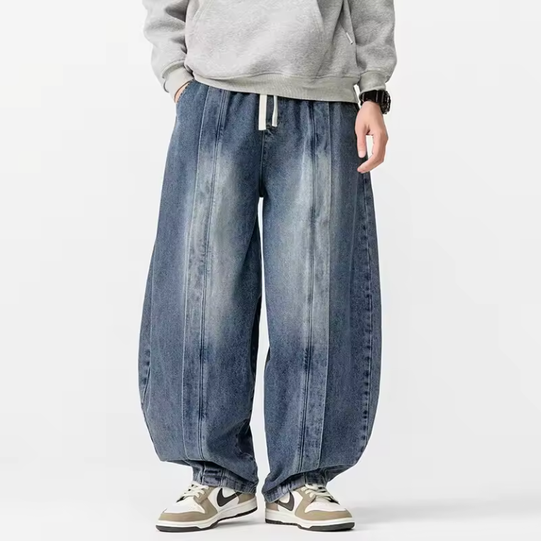 Renzo wide leg denim pants relaxed fit solid wash premium harem-inspired cut for men