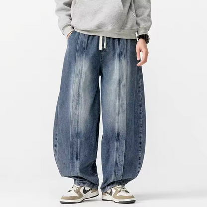 Renzo wide leg denim pants relaxed fit solid wash premium harem-inspired cut for men