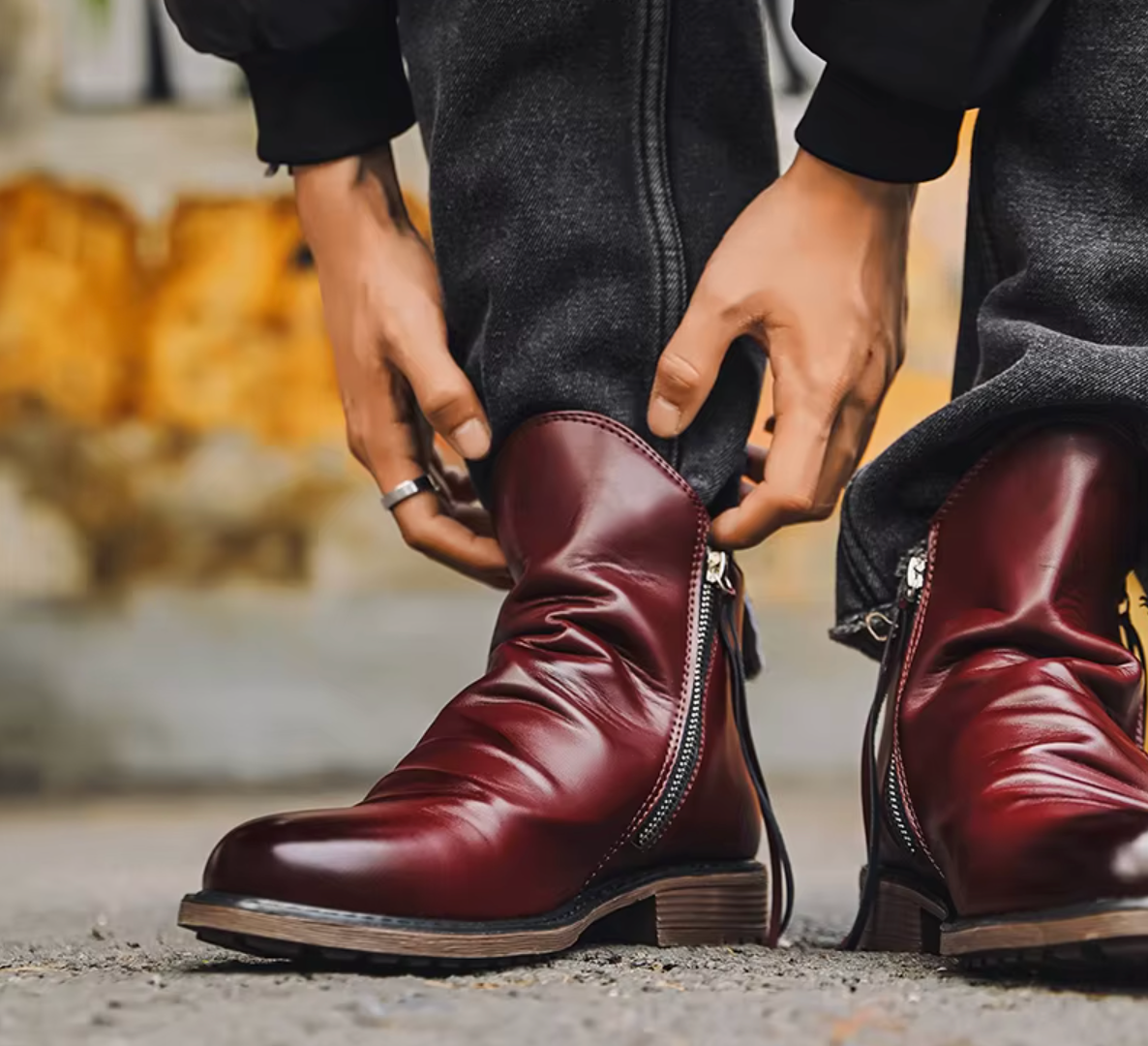 Men's brown Chelsea leather ankle boots hand-finished aged patina rugged frontier style