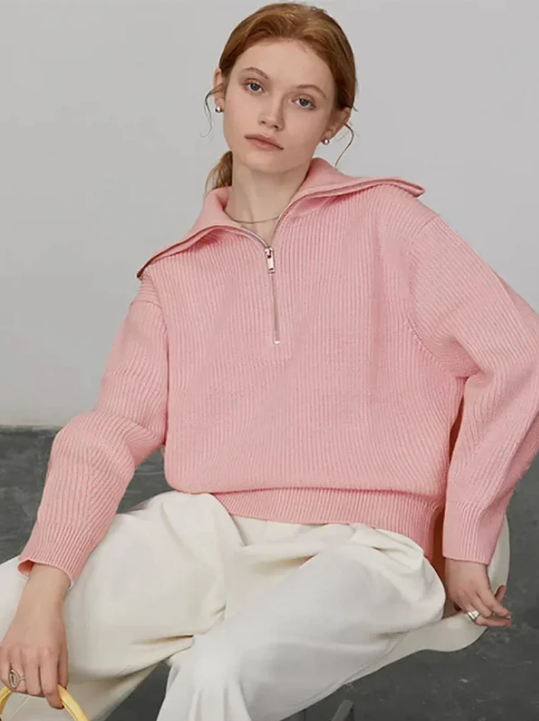Women's wool knit pullover sweater, relaxed fit, high zip collar with ribbed trim, warm everyday style
