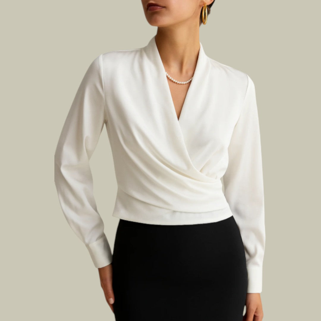 Ruby satin wrap-front blouse women deep V-neck long sleeve waist-defining luxe sheen