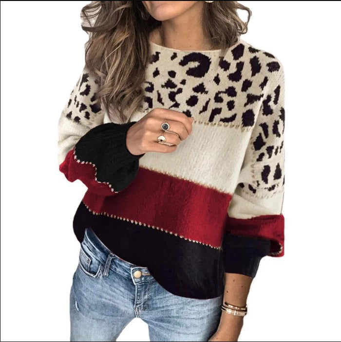 Women's relaxed fit wool blend knit sweater with animal print stripes and long sleeves