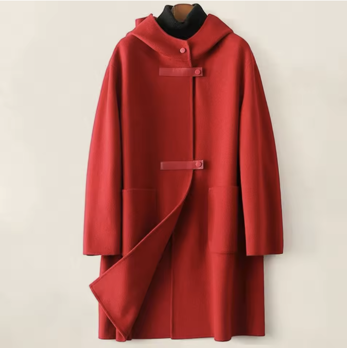 Celina hooded wool overcoat in neutral tones, relaxed loose-fit silhouette with double-sided wearable design