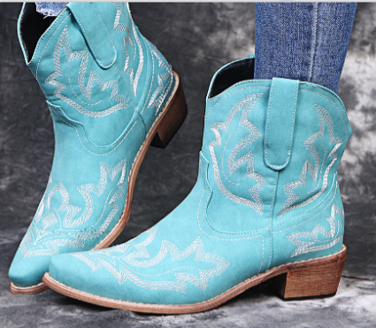 Nicole mid-calf western boots in vegan leather with distinctive Western embroidery detailing
