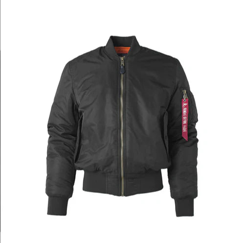 Navy men's bomber jacket classic fit wind-resistant fabric with rib knit trim and utility pocket