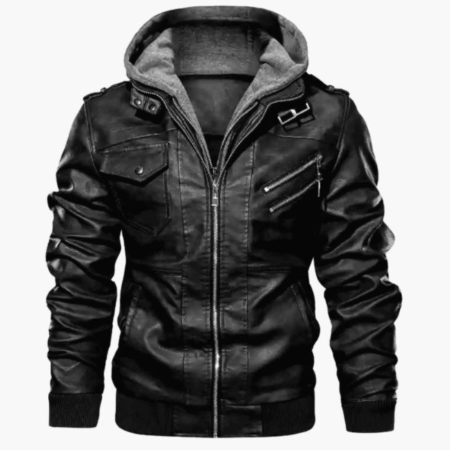 Men's black slim fit PU leather moto jacket with detachable hood, epaulettes, and ribbed trim